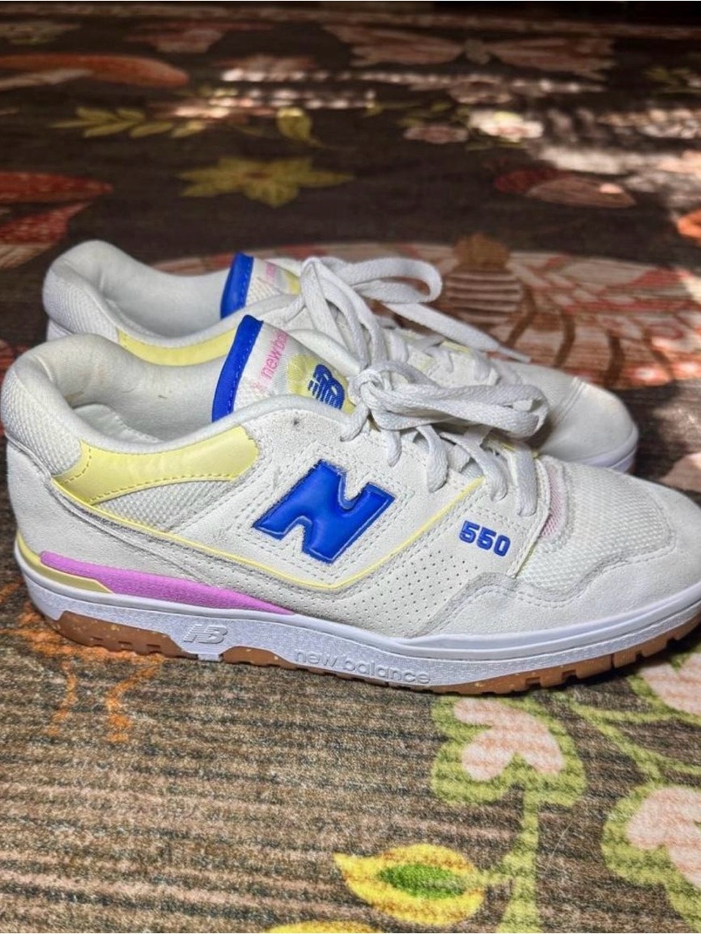 New Balance 550 White Sneakers with Blue, Yellow & Pink Highlights